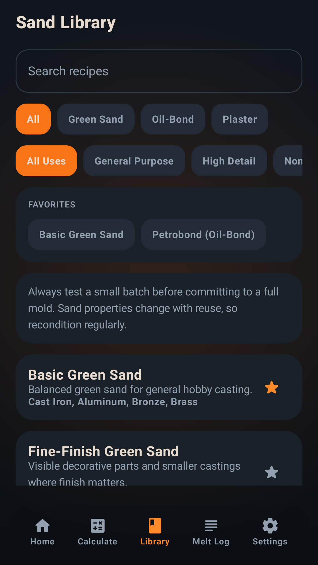 Iron Foundry Pro sand recipe screen
